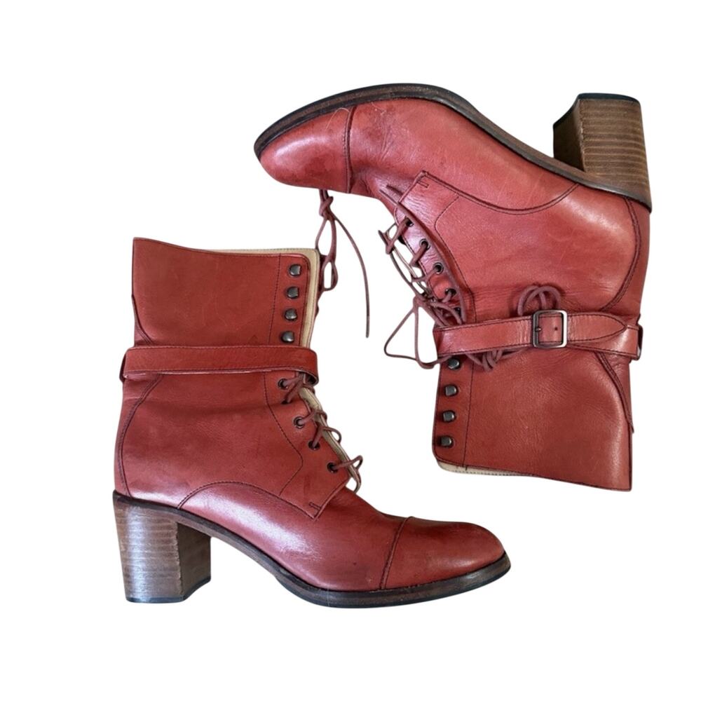 Samantha Pleet Wolverine 1000 Mile Red Leather Combat Boots Lace Buckle Size 7.5